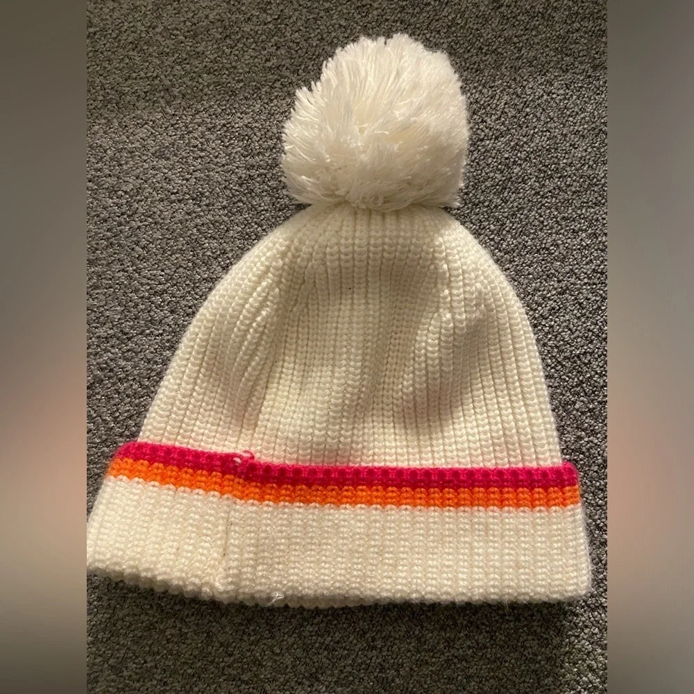 Dunkin Donuts 100% Acrylic White Beanie with Pink and Orange Stripes